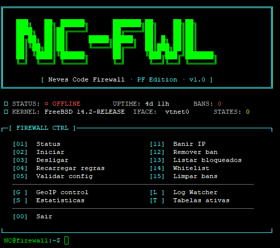 Tela principal do console NC-Firewall mostrando status, comandos numerados e atalhos.