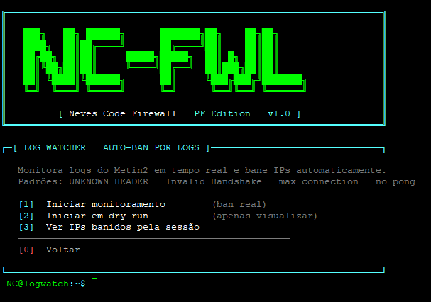 Tela do Log Watcher mostrando padrões monitorados — UNKNOWN HEADER, Invalid Handshake, max connection, no pong — e modos de operação.