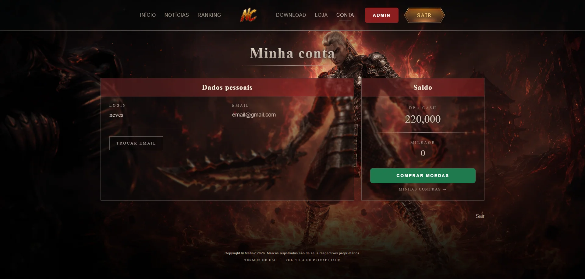 Tela Minha Conta com dados pessoais, e-mail, saldo da loja e botão pra comprar moedas.