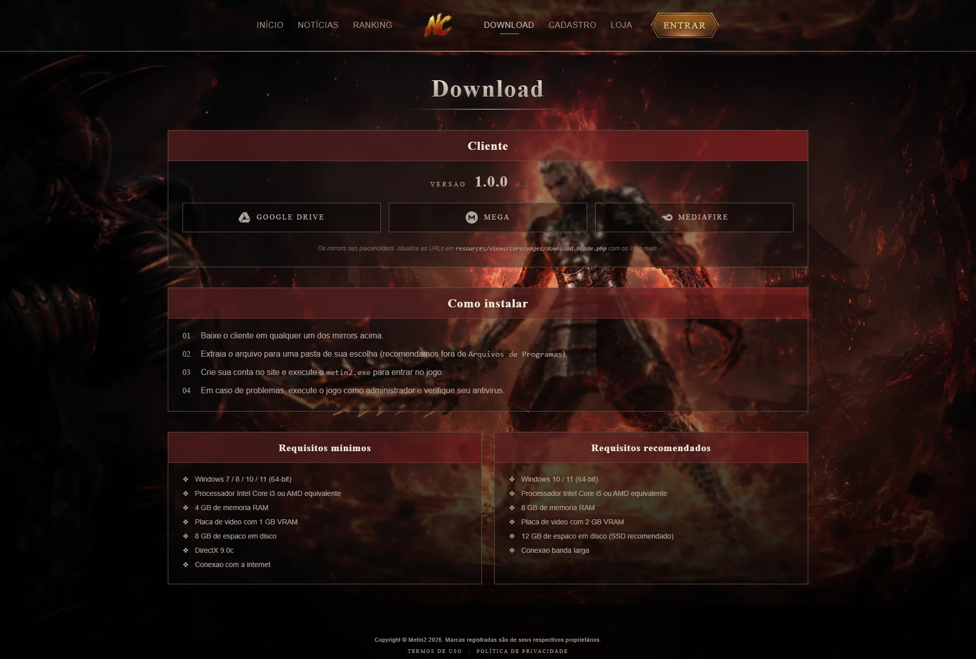 Tela Download do website.