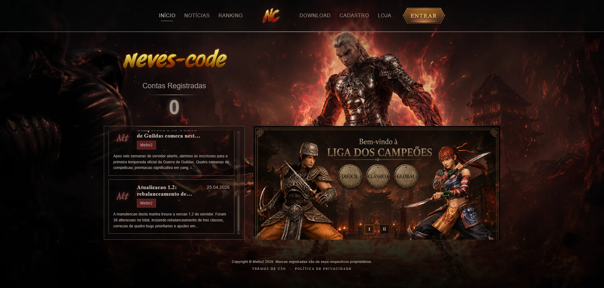 Página inicial do website com hero, contador de contas, lista de notícias e showcase da Liga dos Campeões.