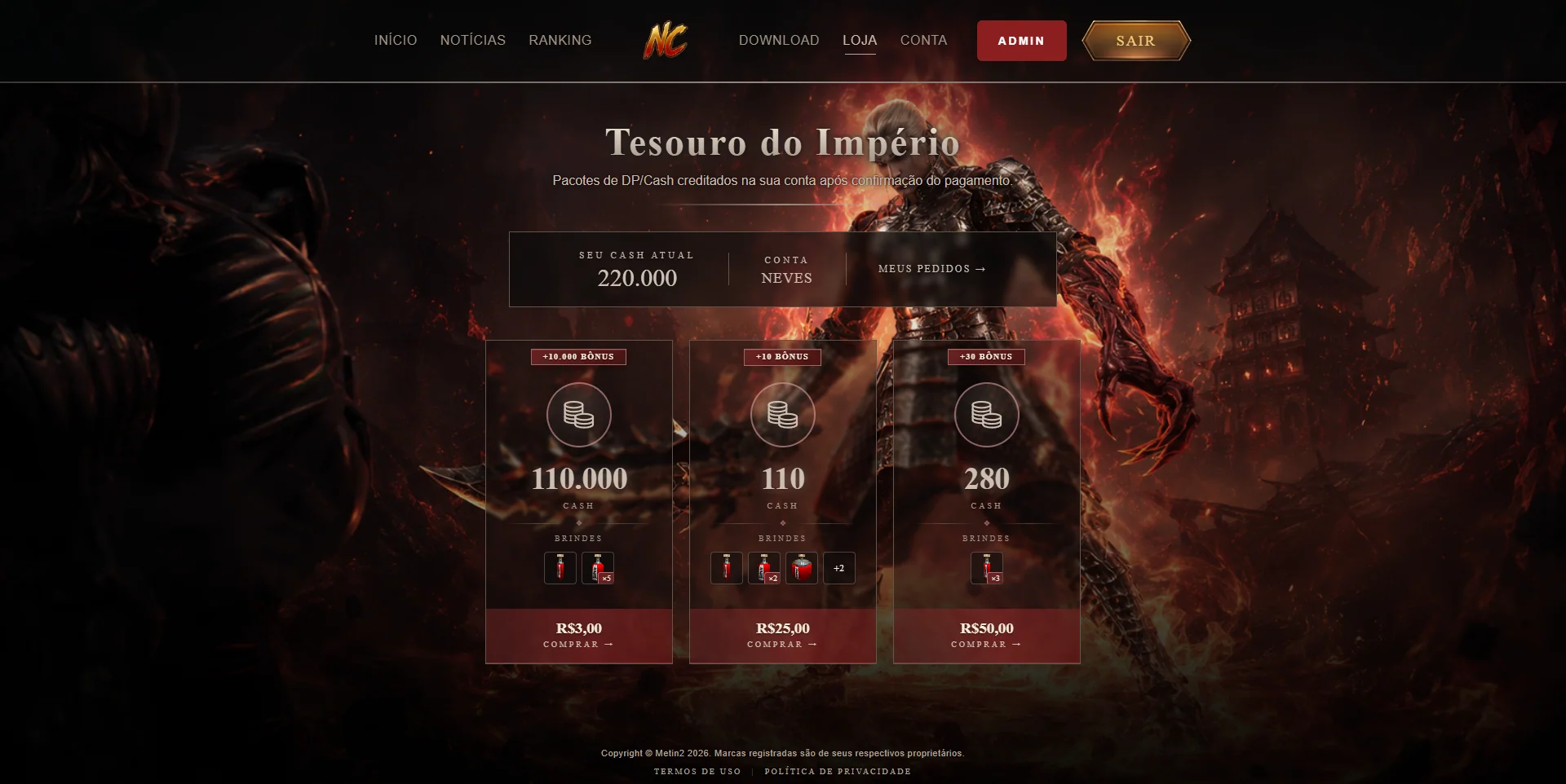 Tela da loja Tesouro do Império com três pacotes de DPCash, bônus aplicado e botões de compra.