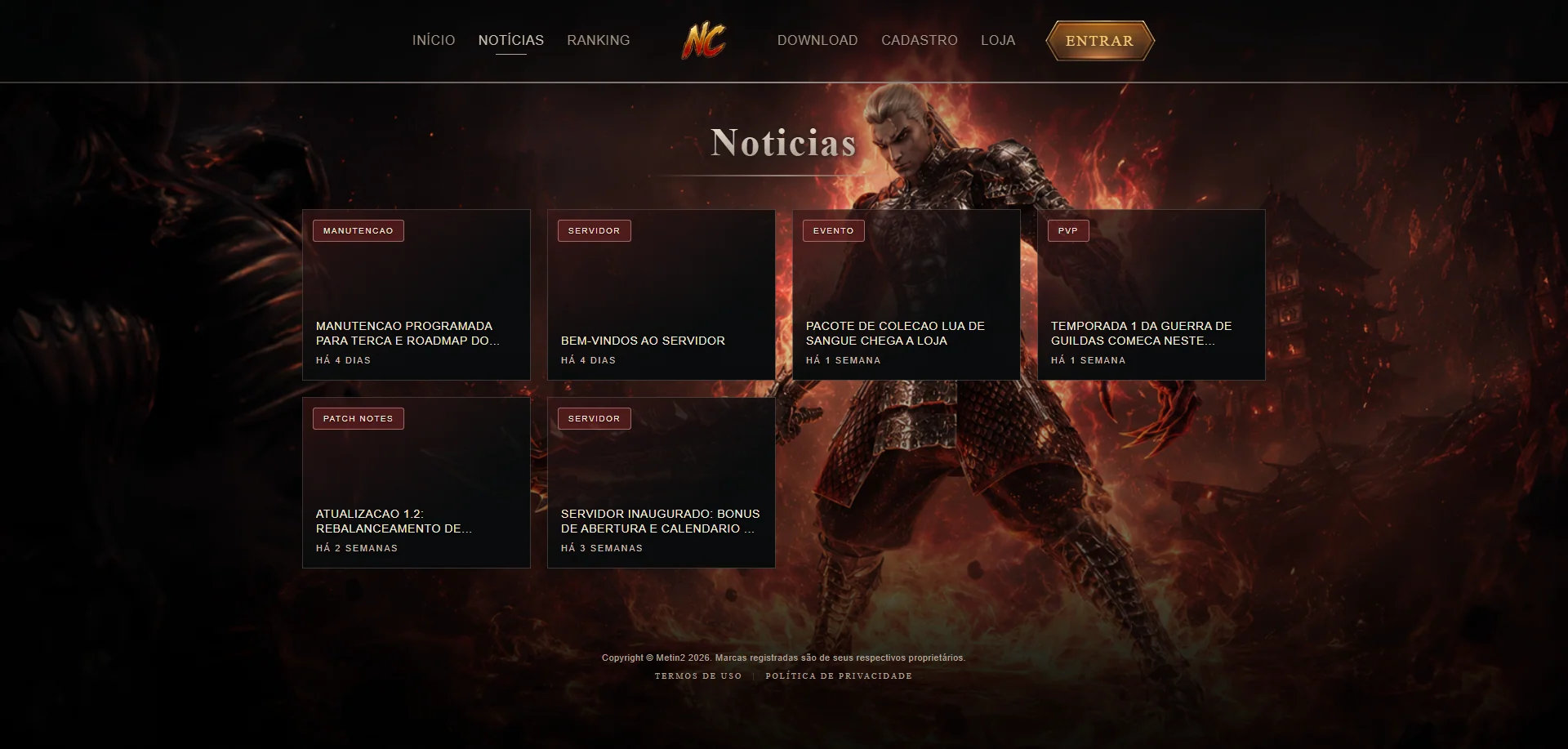 Tela Notícias do website.