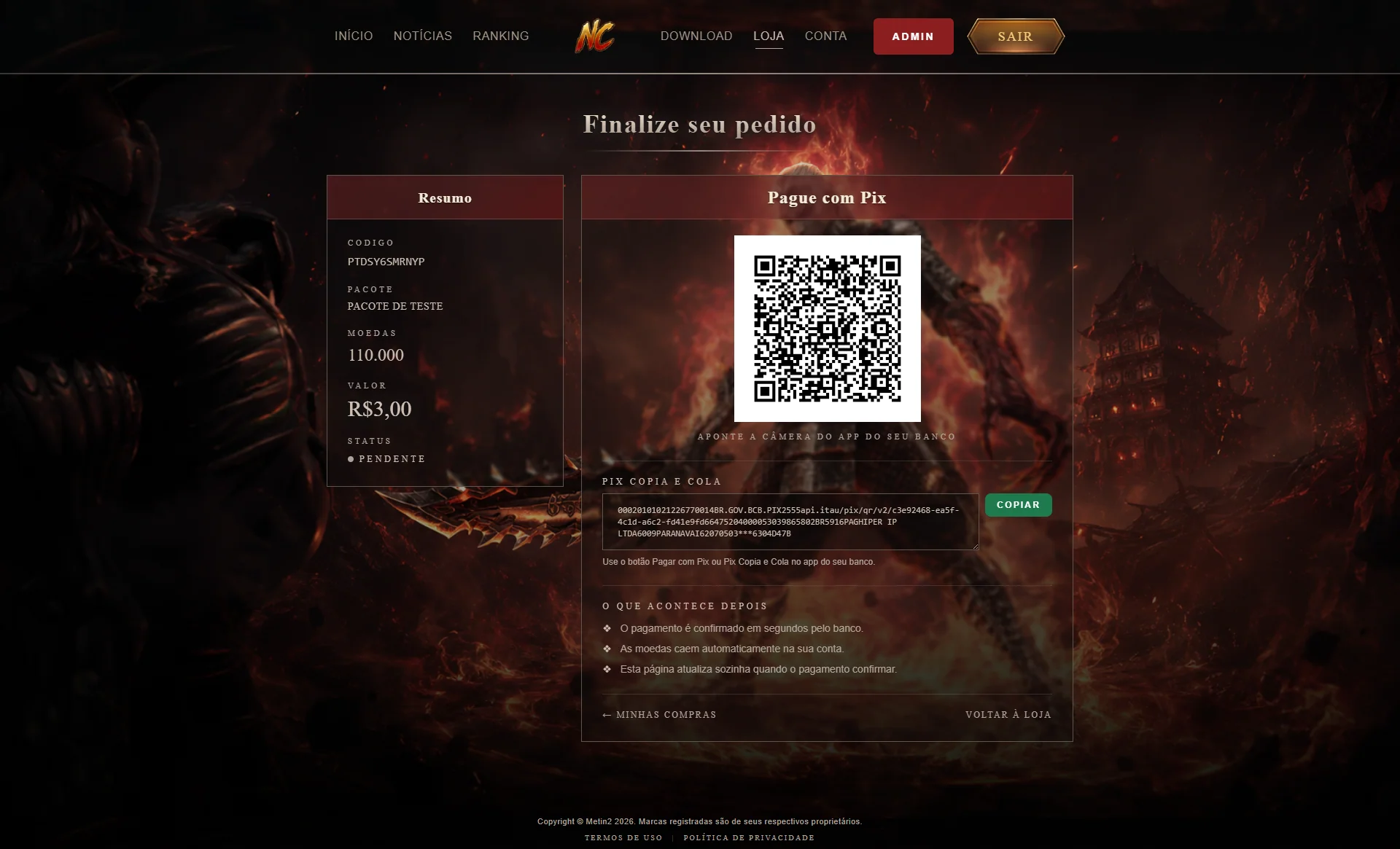 Tela de checkout com QR Code do PIX, copia-e-cola, status pendente e resumo do pedido.