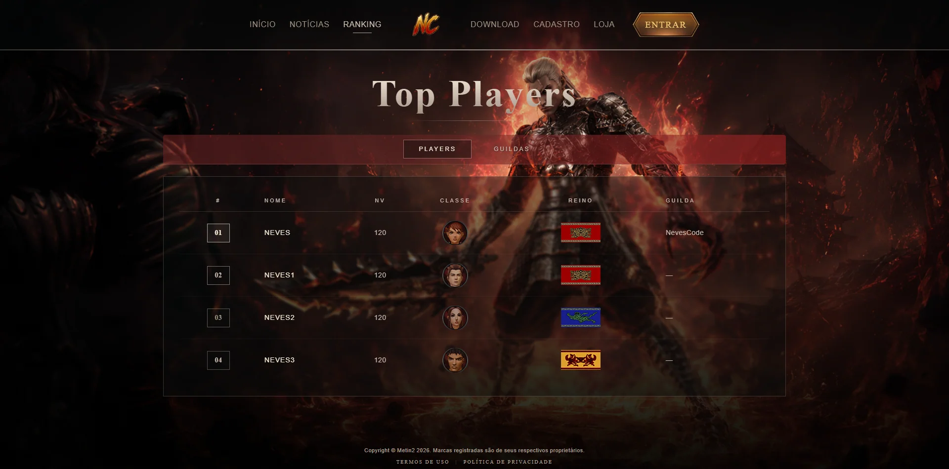 Tela Top Players do website.